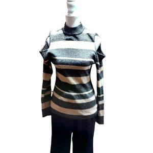 Black an Gold Large Questions cold shoulder shirt